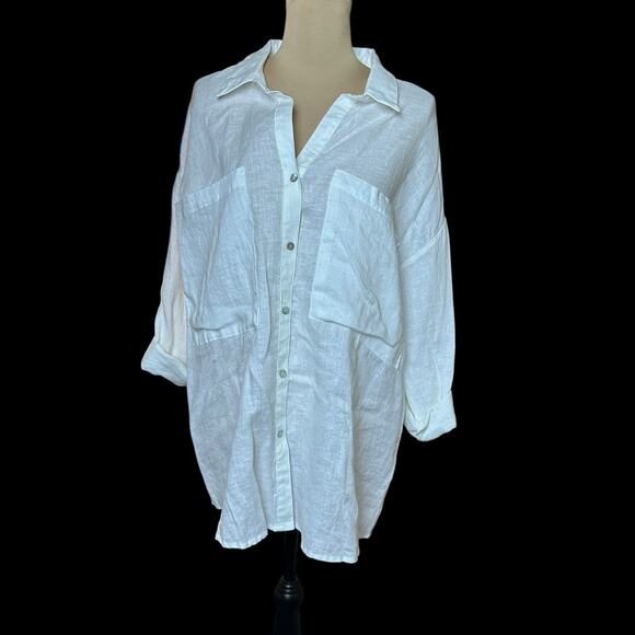 MAGASCHONI Linen Top Sz‎ L Roll Tab Sleeve Collared Button Up Big Pockets White - Picture 4 of 9